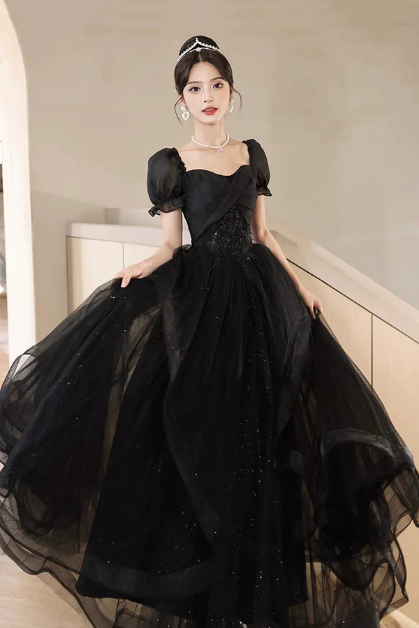 Wholesale Black Tulle Lace Short Sleeve Floor Length Prom Dress Black A-Line Evening Party Dress