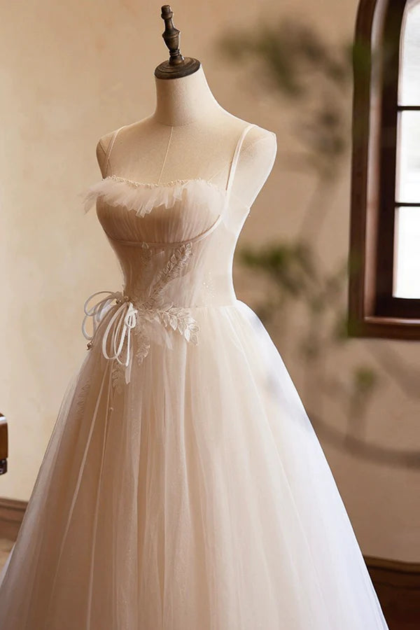 Wholesale Champagne Tulle Lace Long Prom Dress A-Line Spaghetti Straps Backless Evening Dress