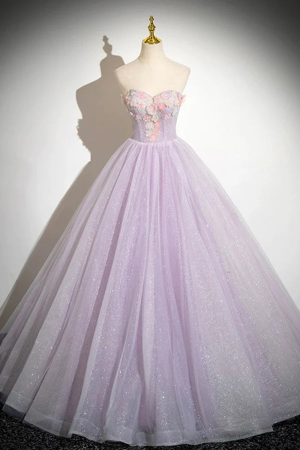 Wholesale Lilac Strapless Tulle Long Prom Dresses with Flowers Lilac Off the Shoulder Formal Evening Dresses
