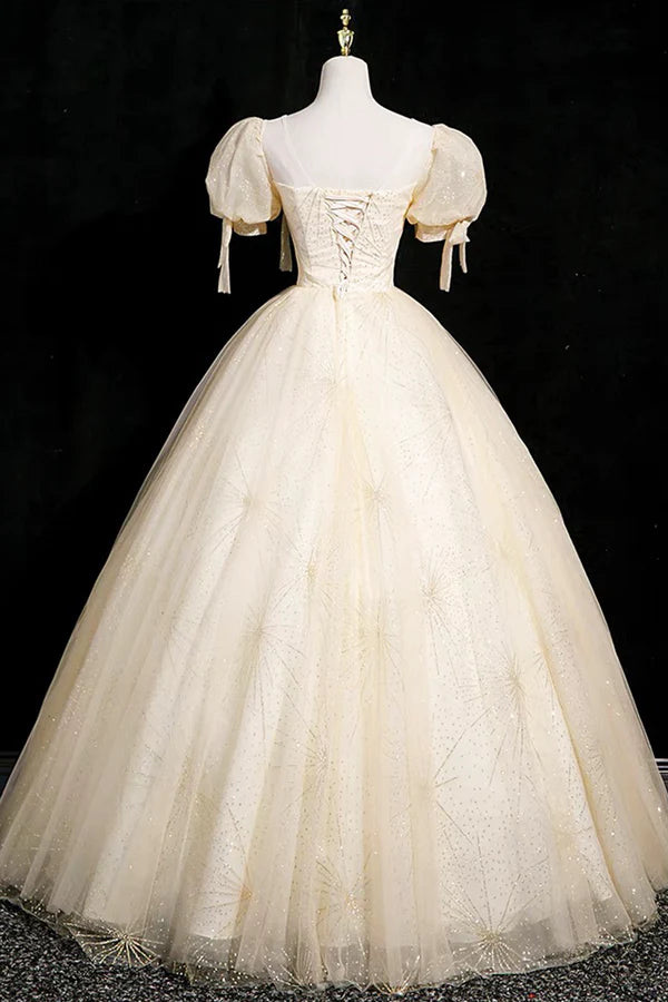 Wholesale Champagne Tulle Short Sleeve Floor Length Prom Dress Beautiful A-Line Evening Party Dress