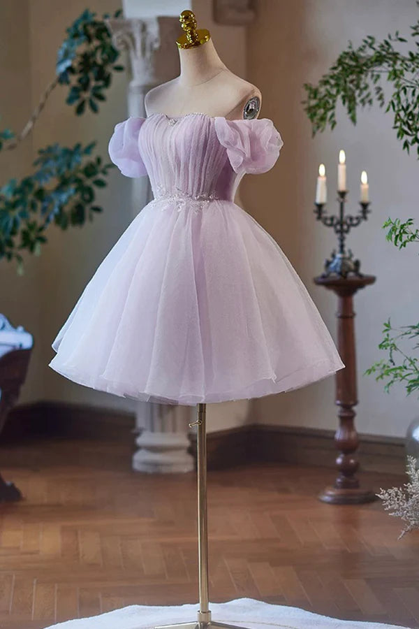Wholesale Lilac Tulle Knee Length Party Dress Lovely A-Line Off the Shoulder Evening Dress
