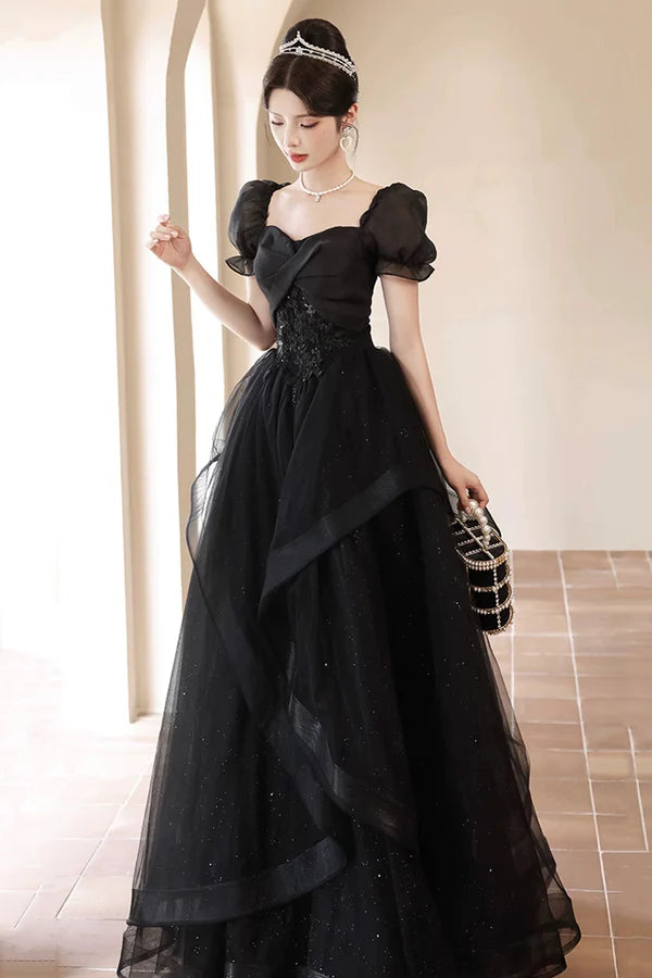 Wholesale Black Tulle Lace Short Sleeve Floor Length Prom Dress Black A-Line Evening Party Dress