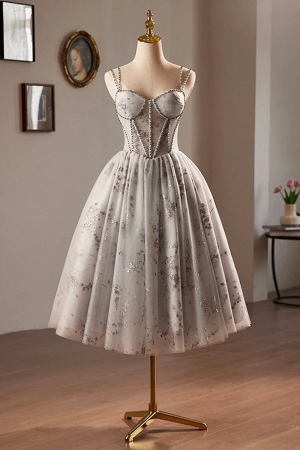 Wholesale Gray Tulle Sequins Short Prom Dress A-Line Spaghetti Straps Backless Party Dress