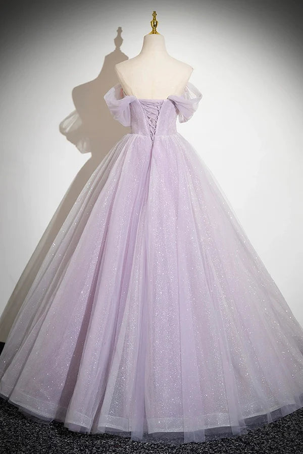 Wholesale Lilac Strapless Tulle Long Prom Dresses with Flowers Lilac Off the Shoulder Formal Evening Dresses