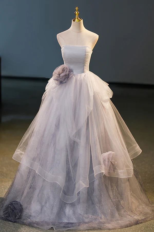 Wholesale Gorgeous Gray Tulle Long Formal Dress Gray Strapless Evening Dress