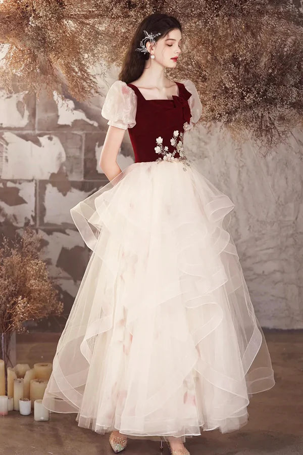 Wholesale Champagne Tulle and Burgundy Velvet Long Prom Dress Lovely A-Line Evening Party Dress