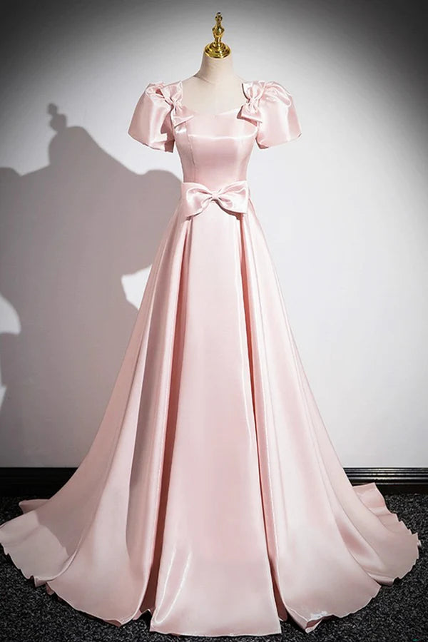 Wholesale Pink Scoop Neckline Satin Floor Length Prom Dress Pink Short Sleeve A-Line Party Dress