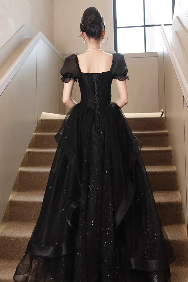 Wholesale Black Tulle Lace Short Sleeve Floor Length Prom Dress Black A-Line Evening Party Dress