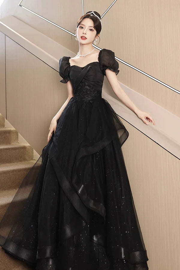 Wholesale Black Tulle Lace Short Sleeve Floor Length Prom Dress Black A-Line Evening Party Dress