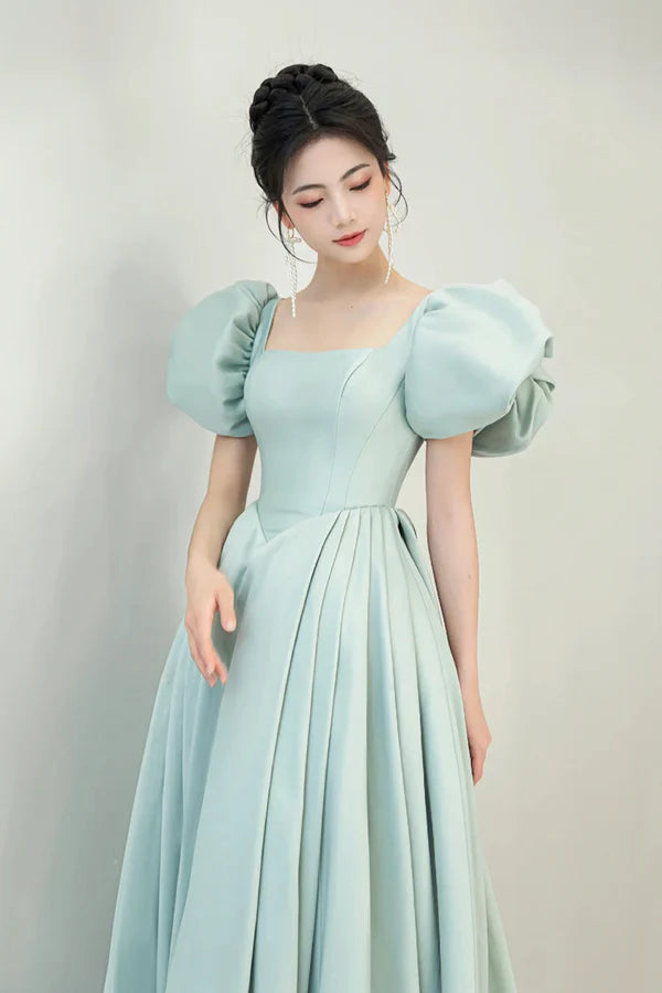 Wholesale Light Green Satin Long A-Line Prom Dress Cute Short Sleeve Evening Dress