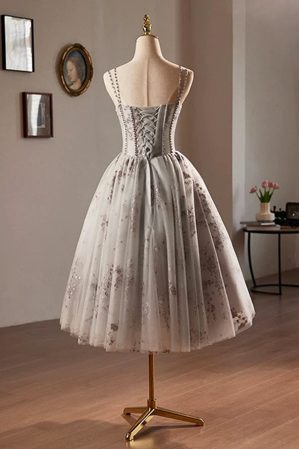 Wholesale Gray Tulle Sequins Short Prom Dress A-Line Spaghetti Straps Backless Party Dress