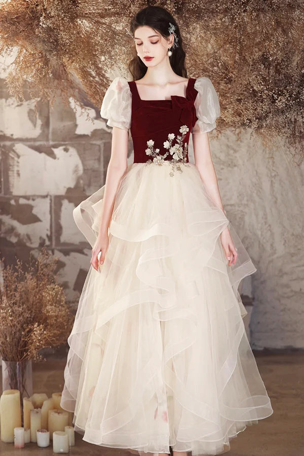 Wholesale Champagne Tulle and Burgundy Velvet Long Prom Dress Lovely A-Line Evening Party Dress