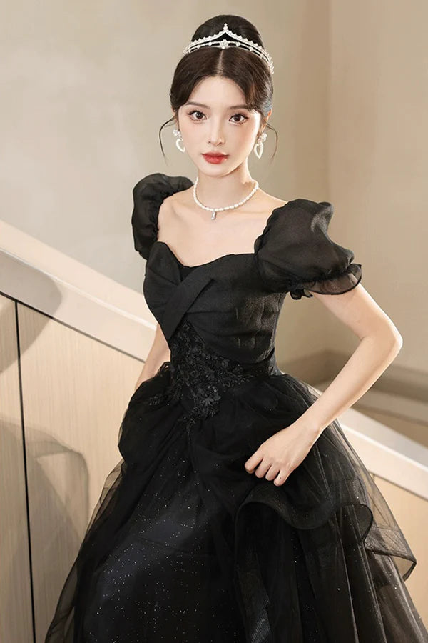 Wholesale Black Tulle Lace Short Sleeve Floor Length Prom Dress Black A-Line Evening Party Dress