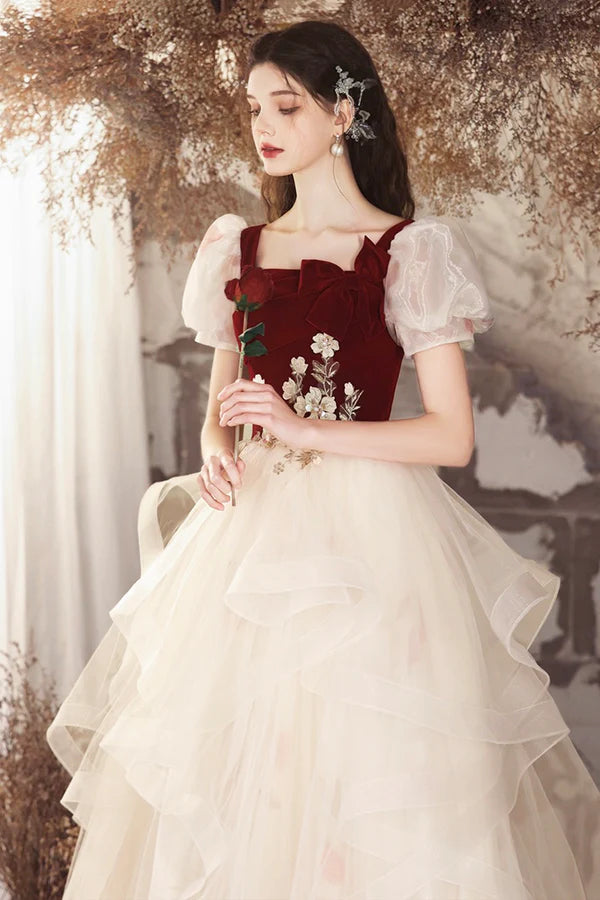 Wholesale Champagne Tulle and Burgundy Velvet Long Prom Dress Lovely A-Line Evening Party Dress