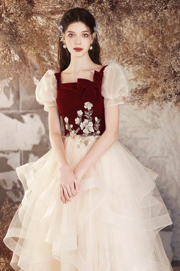 Wholesale Champagne Tulle and Burgundy Velvet Long Prom Dress Lovely A-Line Evening Party Dress