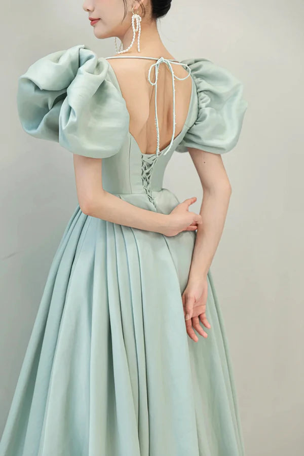 Wholesale Light Green Satin Long A-Line Prom Dress Cute Short Sleeve Evening Dress