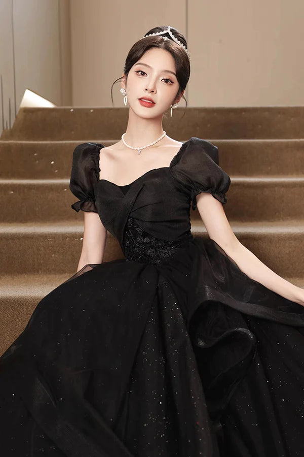 Wholesale Black Tulle Lace Short Sleeve Floor Length Prom Dress Black A-Line Evening Party Dress