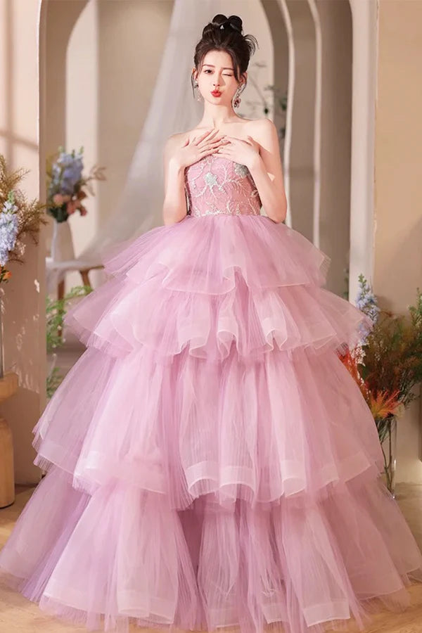 Wholesale Pink Tulle Layers Long A-Line Prom Dress Pink Sweetheart Neckline Evening Gown