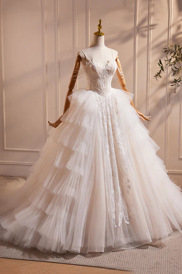 Wholesale Champagne Sweetheart Layers Princess Dress Beautiful Spaghetti Straps Tulle Formal Gown