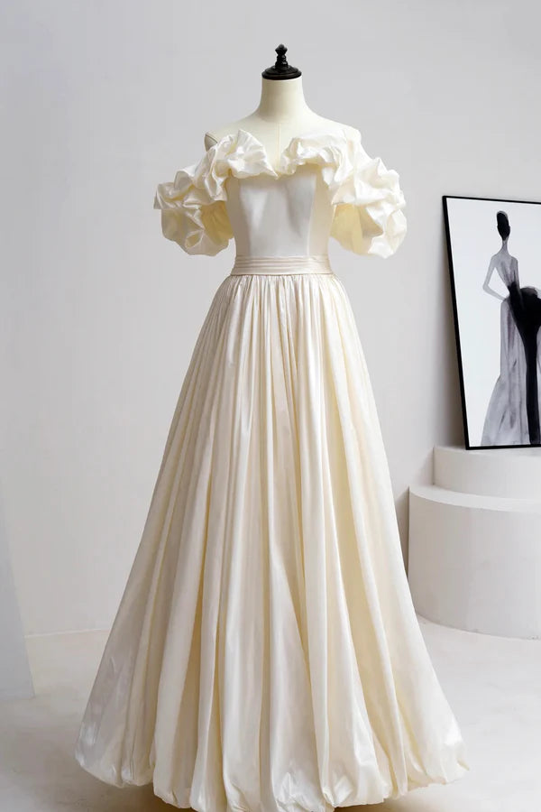 Wholesale Champagne Satin Floor Length Prom Dress Off the Shoulder A-Line Evening Party Dress