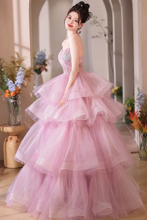 Wholesale Pink Tulle Layers Long A-Line Prom Dress Pink Sweetheart Neckline Evening Gown