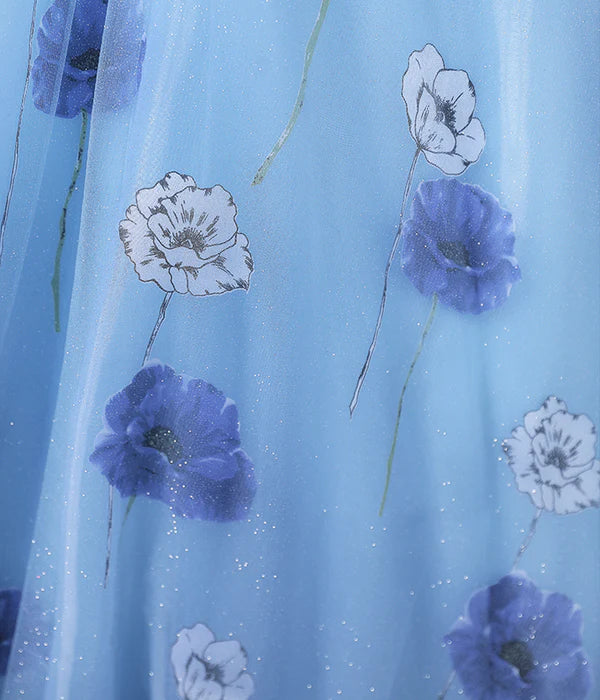 Wholesale Beautiful Floral Tulle Long Prom Dress Blue Short Sleeve Evening Dress