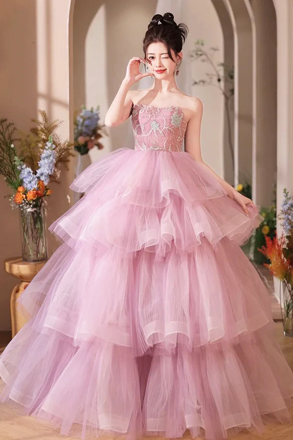 Wholesale Pink Tulle Layers Long A-Line Prom Dress Pink Sweetheart Neckline Evening Gown