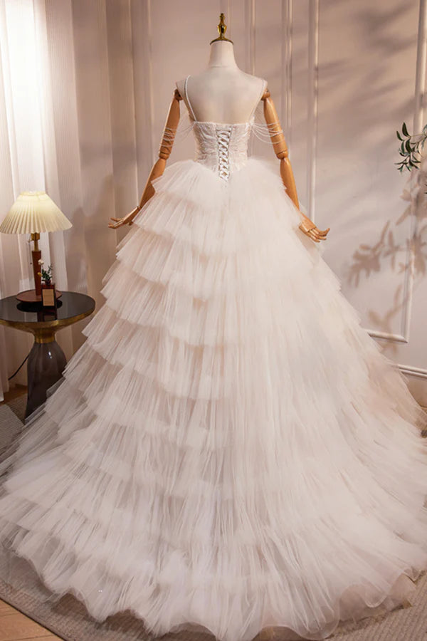 Wholesale Champagne Sweetheart Layers Princess Dress Beautiful Spaghetti Straps Tulle Formal Gown