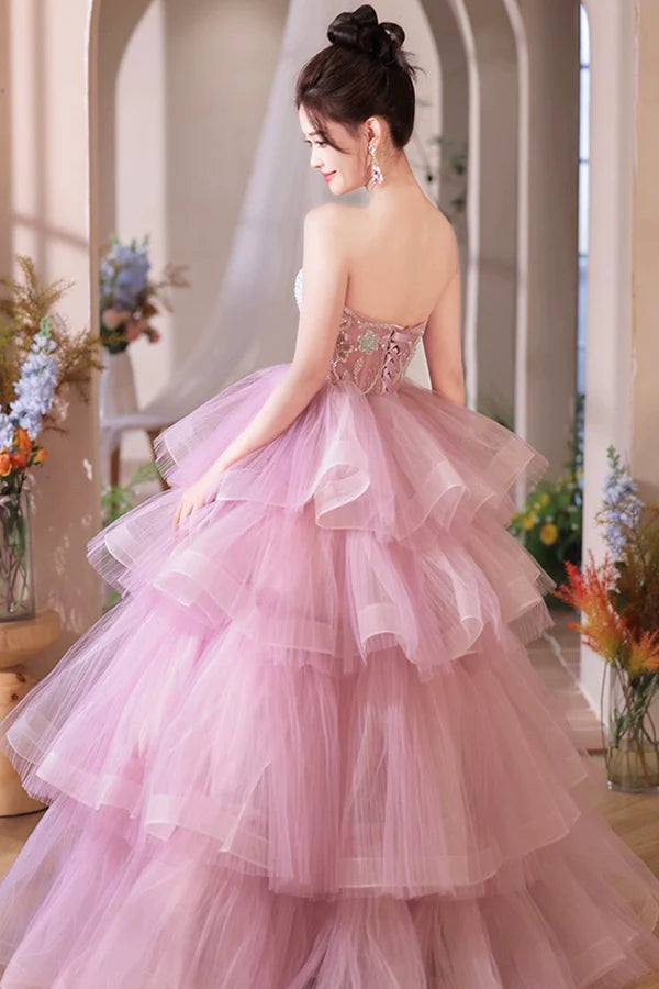 Wholesale Pink Tulle Layers Long A-Line Prom Dress Pink Sweetheart Neckline Evening Gown