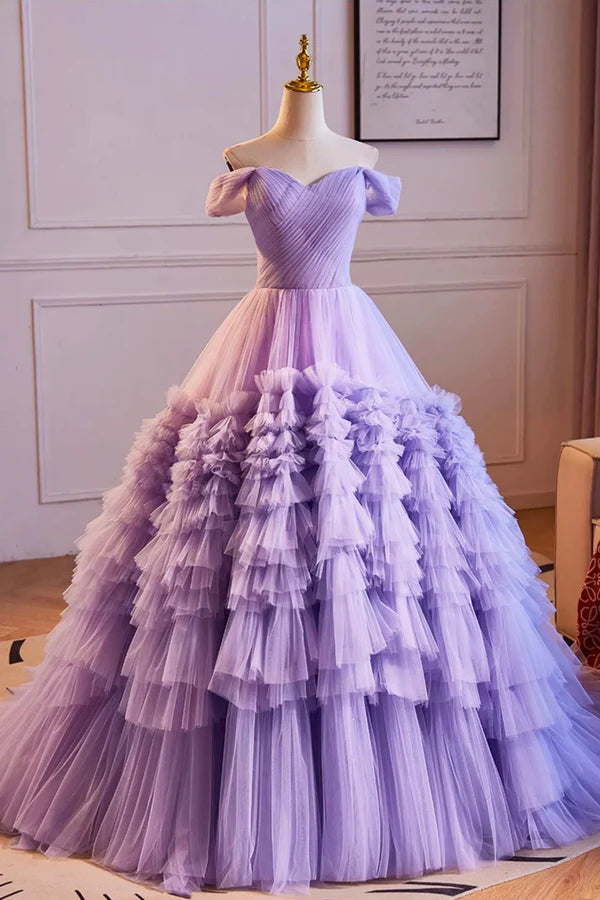 Wholesale Purple Off the Shoulder Tiered Ruffles Long Ball Grown Prom Formal Party Dresses