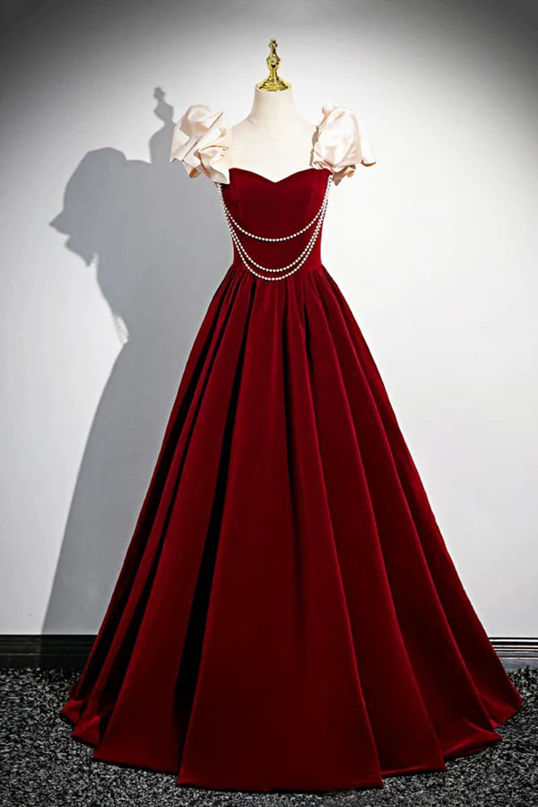 Wholesale A-Line Velvet Floor Length Prom Dress Burgundy Off the Shoulder Evening Party Dress