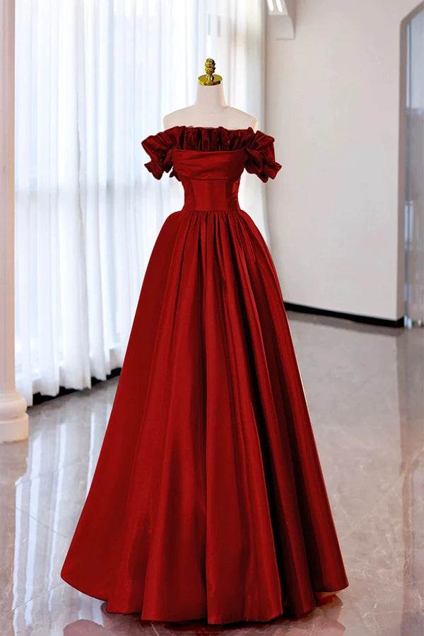 Wholesale Burgundy Strapless Satin Long Prom Dress A-Line Evening Party Dress