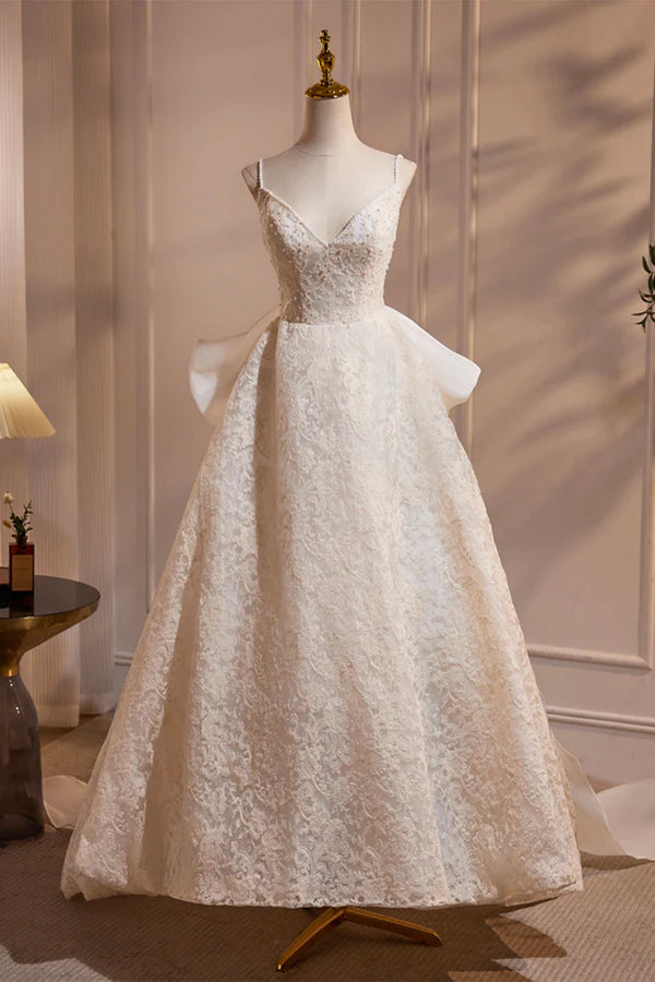 Wholesale Light Champagne V-Neck Lace Long Prom Dress A-Line Spaghetti Straps Backless Party Dress with Bow