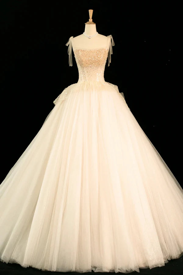 Wholesale Champagne Tulle Beaded Long Prom Dress A-Line Evening Party Dress