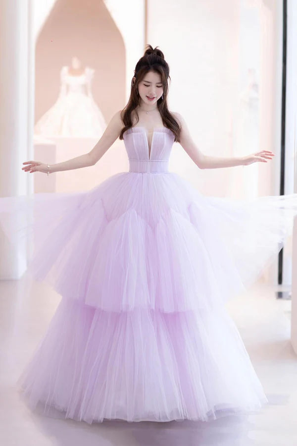 Wholesale Purple Tulle Long A-Line Formal Dress A-Line Strapless Evening Party Dress