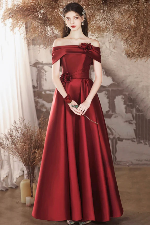 Wholesale Burgundy Satin Long A-Line Prom Dress Off the Shoulder Evening Party Dress