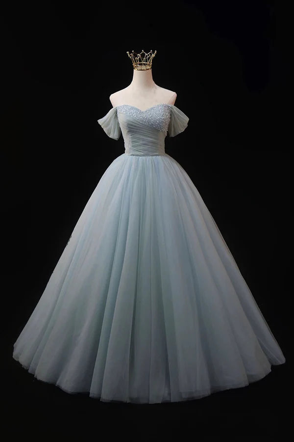Wholesale Dusty Blue Tulle Beaded Floor Length Formal Dress Off the Shoulder A-Line Evening Party Dress
