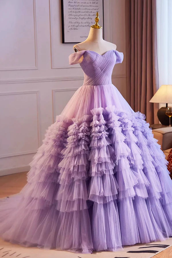 Wholesale Purple Off the Shoulder Tiered Ruffles Long Ball Grown Prom Formal Party Dresses