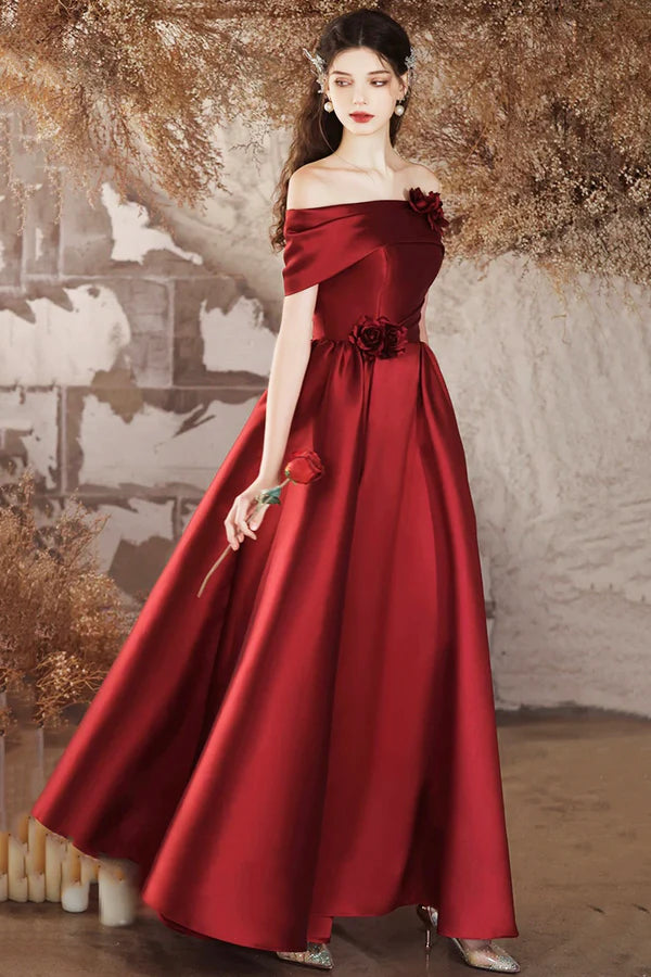 Wholesale Burgundy Satin Long A-Line Prom Dress Off the Shoulder Evening Party Dress