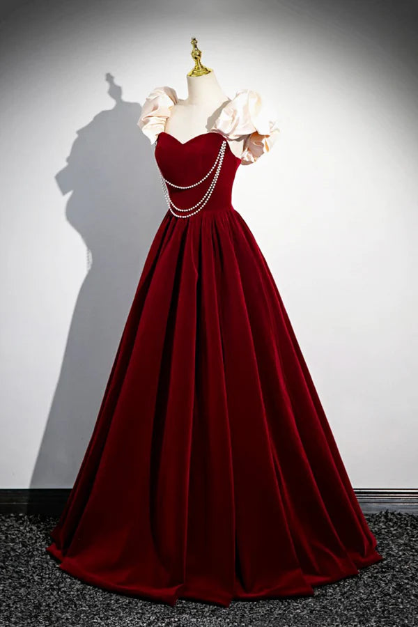 Wholesale A-Line Velvet Floor Length Prom Dress Burgundy Off the Shoulder Evening Party Dress