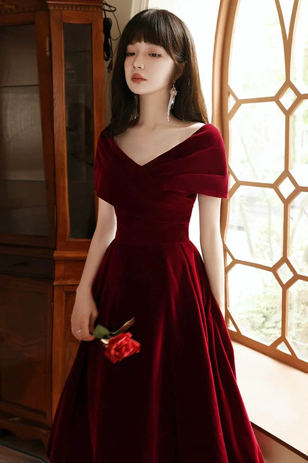 Wholesale Burgundy V-Neck Velvet Floor Length Prom Dress Off the Shoulder Evening Party Dress