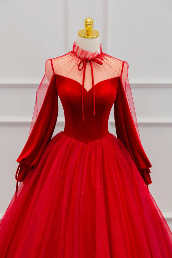 Wholesale Red Velvet and Tulle Floor Length Prom Dress Long Sleeve Beautiful A-Line Party Dress