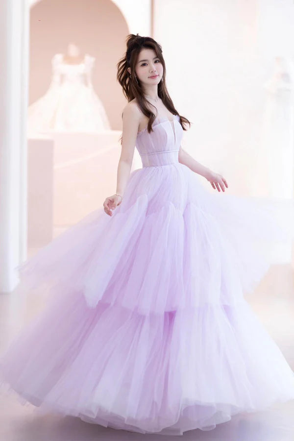 Wholesale Purple Tulle Long A-Line Formal Dress A-Line Strapless Evening Party Dress