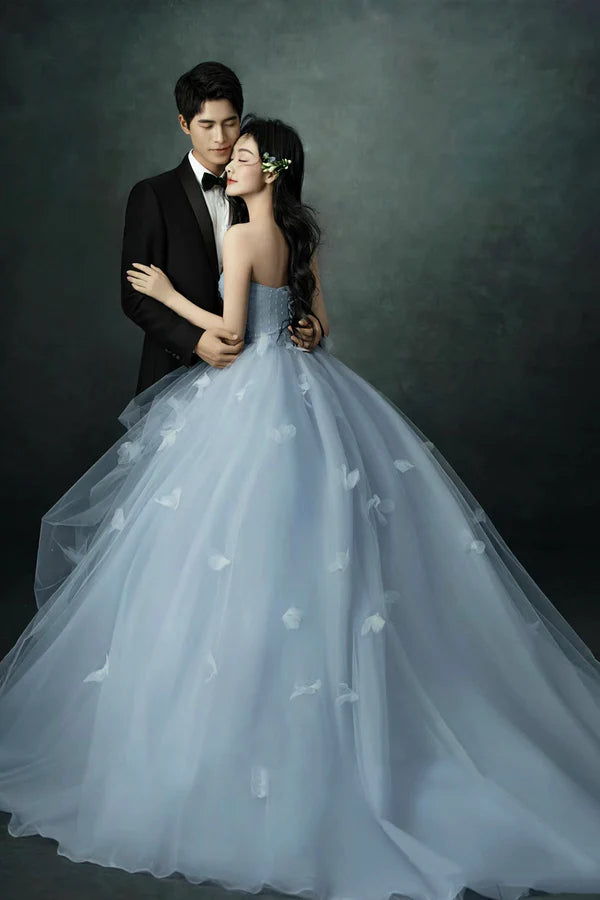Wholesale Gray Blue Strapless Tulle Long Prom Dress Beautiful A-Line Evening Party Dress