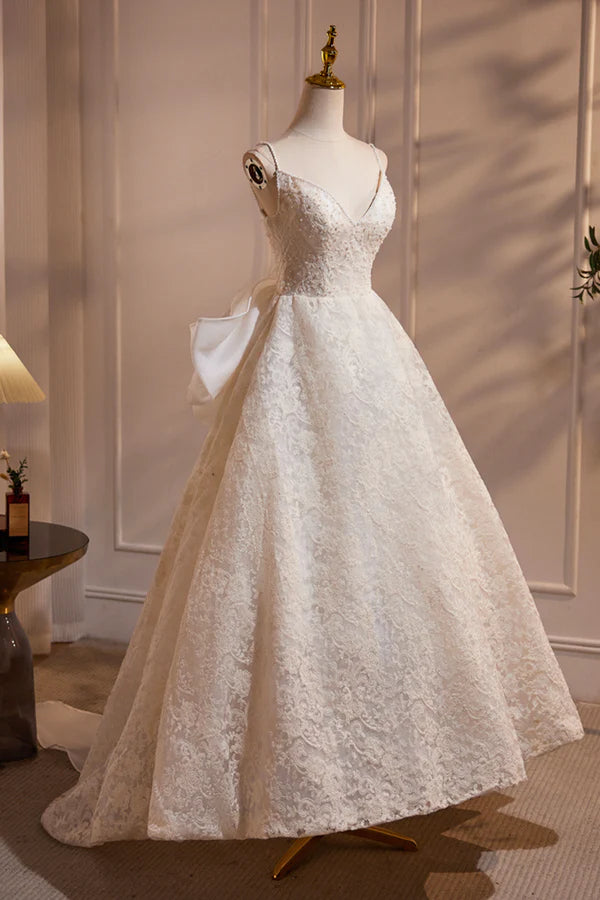 Wholesale Light Champagne V-Neck Lace Long Prom Dress A-Line Spaghetti Straps Backless Party Dress with Bow