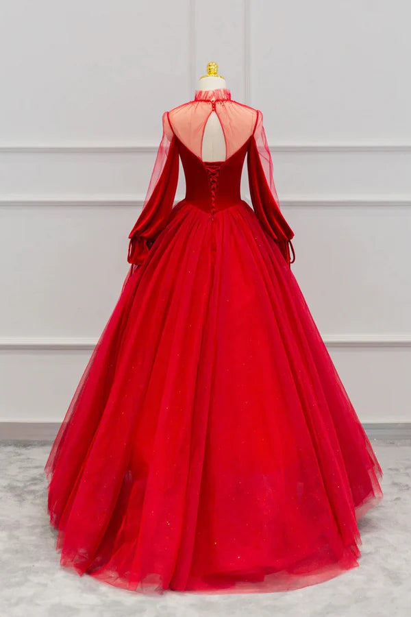Wholesale Red Velvet and Tulle Floor Length Prom Dress Long Sleeve Beautiful A-Line Party Dress