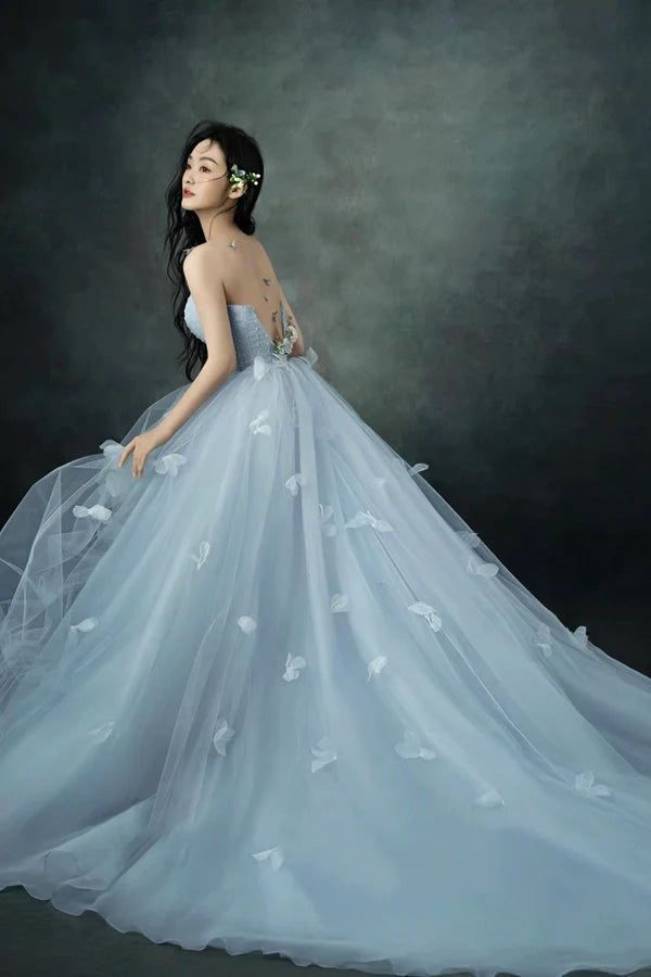 Wholesale Gray Blue Strapless Tulle Long Prom Dress Beautiful A-Line Evening Party Dress