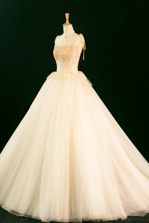 Wholesale Champagne Tulle Beaded Long Prom Dress A-Line Evening Party Dress