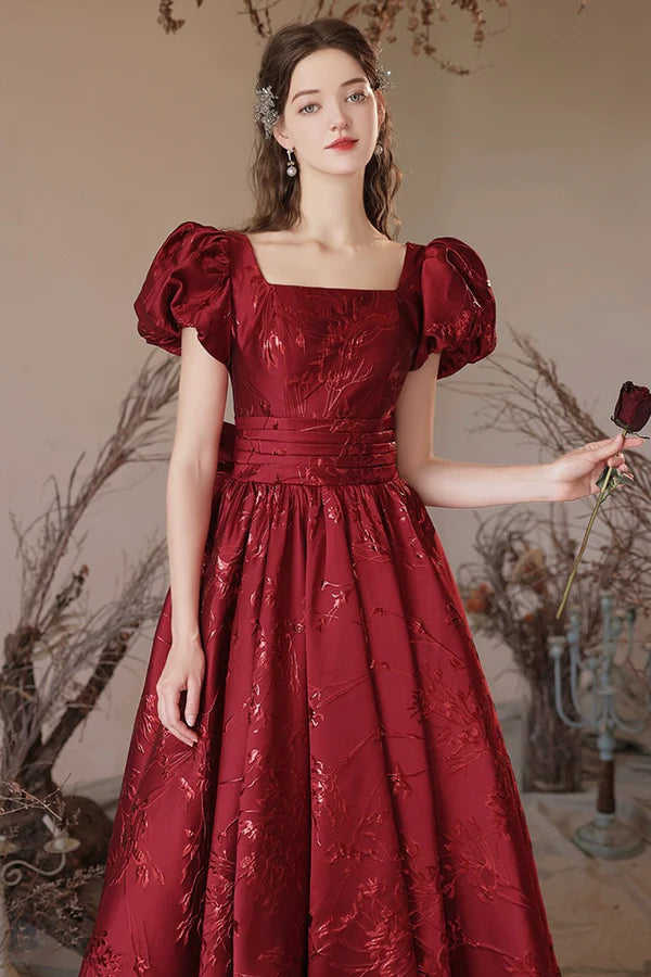 Wholesale Burgundy Tea Length A-Line Prom Dress Lovely Short Sleeve Party Dress