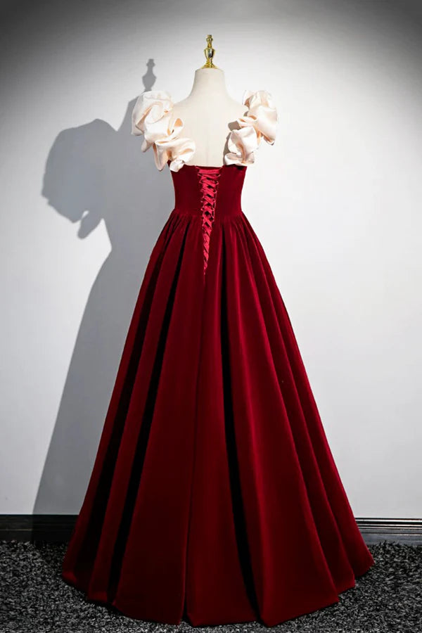 Wholesale A-Line Velvet Floor Length Prom Dress Burgundy Off the Shoulder Evening Party Dress